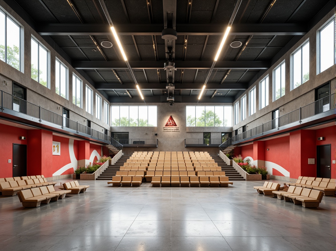 Prompt: Geometric auditorium, minimalist seating, industrial lighting fixtures, exposed ductwork, polished concrete floors, steel beams, functionalist architecture, rectangular shapes, primary color accents, bold typography, cantilevered balconies, asymmetrical compositions, natural light pouring in, high ceilings, open floor plans, modernist design elements, brutalist textures, abstract artwork, educational settings, collaborative learning spaces, flexible seating arrangements, moveable partitions, acoustic panels, sound-absorbing materials.