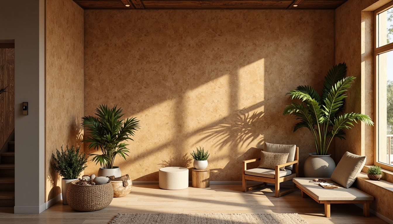 Prompt: Natural cork walls, earthy tones, organic textures, sustainable materials, eco-friendly design, warm ambient lighting, soft shadows, 3/4 composition, shallow depth of field, realistic renderings, subtle grain patterns, natural imperfections, rustic charm, cozy atmosphere, intimate spaces, minimalist decor, earthy color palette, nature-inspired accents.