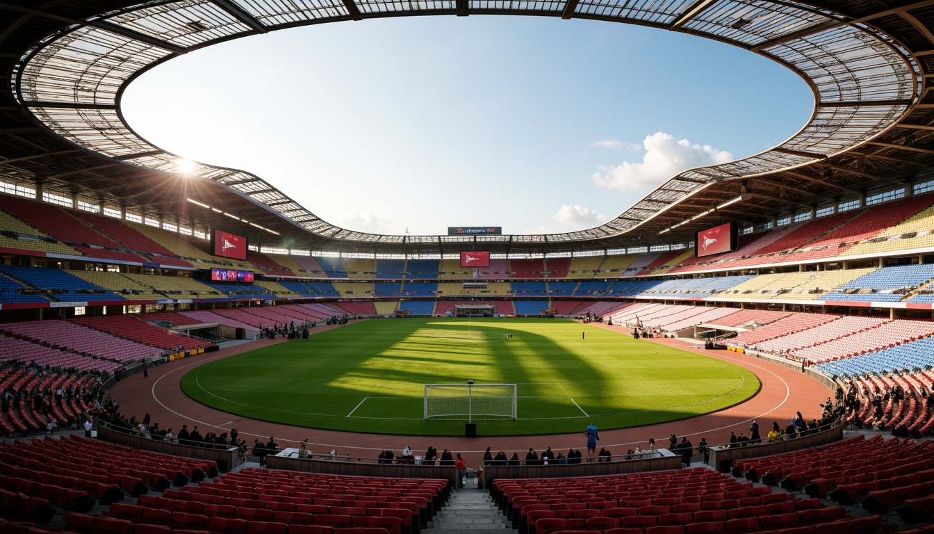 Prompt: Vibrant soccer stadium, bold team colors, dynamic seating areas, lush green grass, athletic track, modern architecture, sleek metal structures, transparent roofs, retractable canopies, floodlighting systems, evening ambiance, warm golden lighting, shallow depth of field, 1/1 composition, realistic textures, ambient occlusion, energetic atmosphere, cheering crowds, sports branding elements.