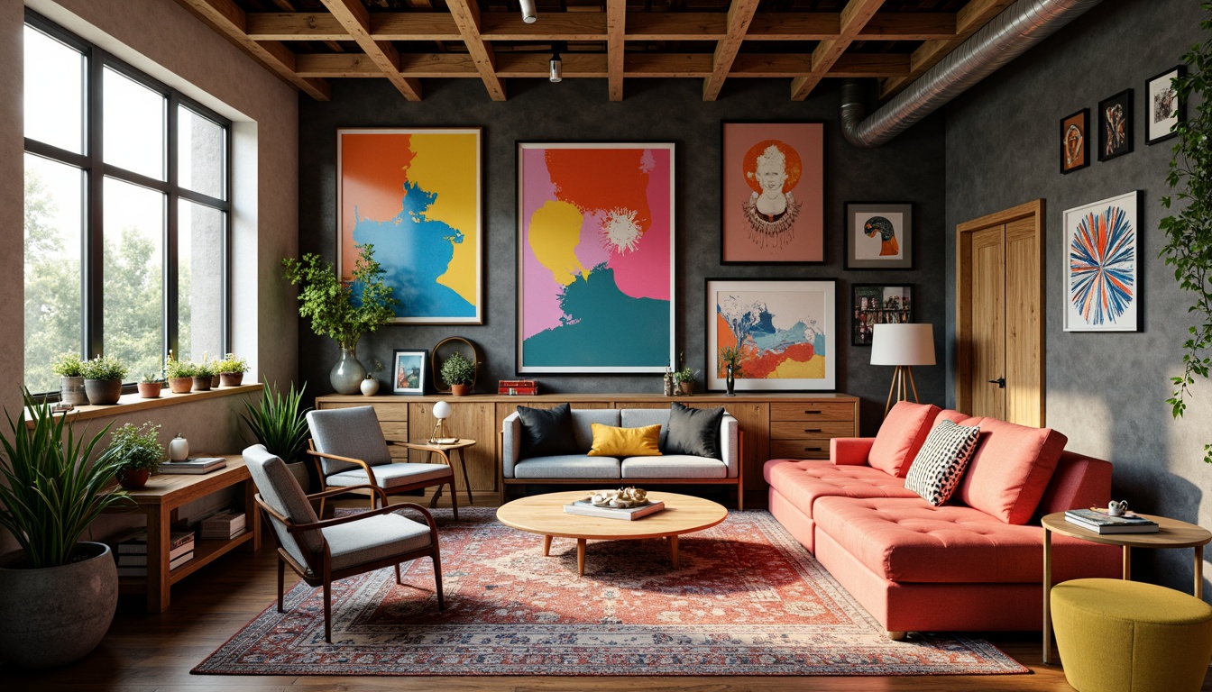 Prompt: Vibrant art studio, eclectic furniture, abstract artwork, bold color blocking, contrasting textures, rich wood accents, industrial metal frames, modern minimalist decor, natural light pouring in, soft warm glow, 3/4 composition, shallow depth of field, realistic renderings, ambient occlusion.