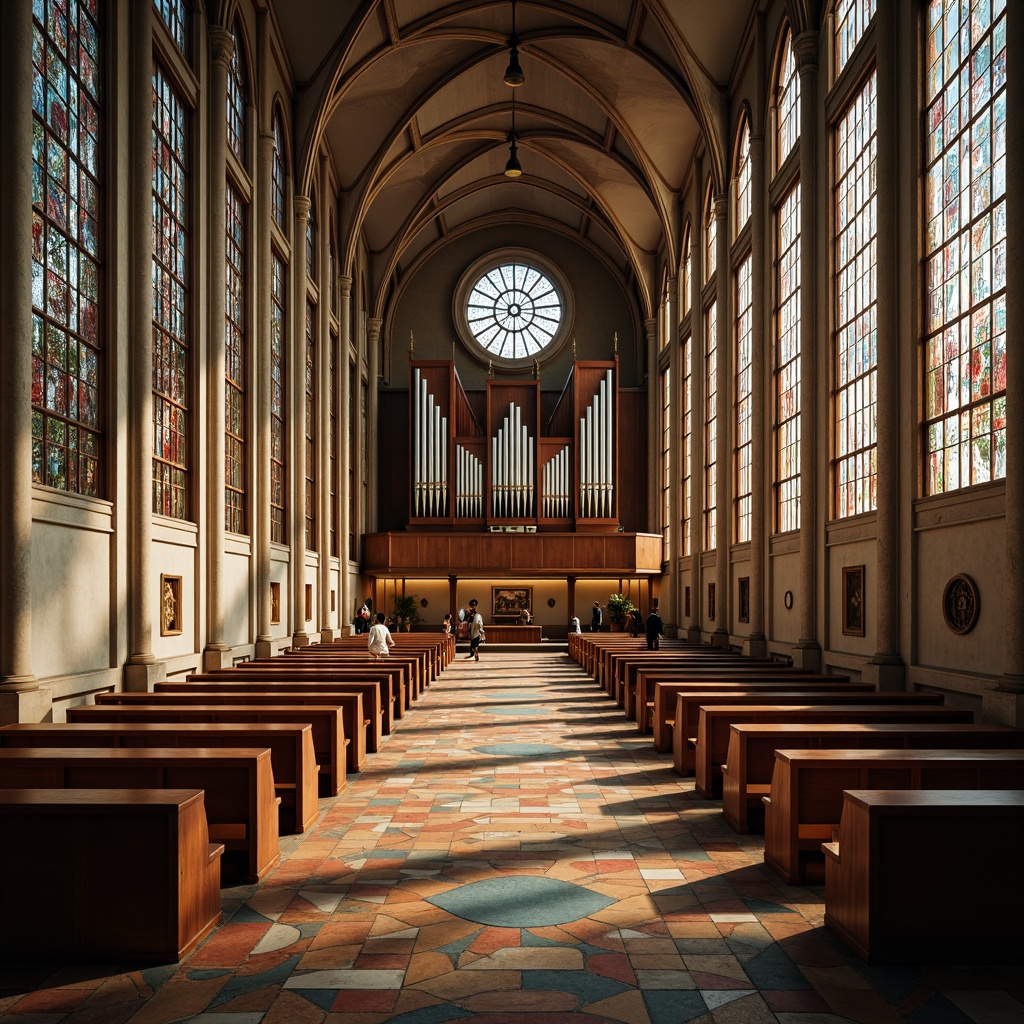 Prompt: Intricate stained glass windows, symmetrical arches, ornate vaulted ceilings, grandiose pipe organs, minimalist pews, abstract geometric patterns, vibrant colored tiles, constructivist architecture, brutalist concrete structures, dramatic lighting effects, high contrast shadows, 1/1 composition, low angle shot, warm golden hour light, realistic textures, ambient occlusion.