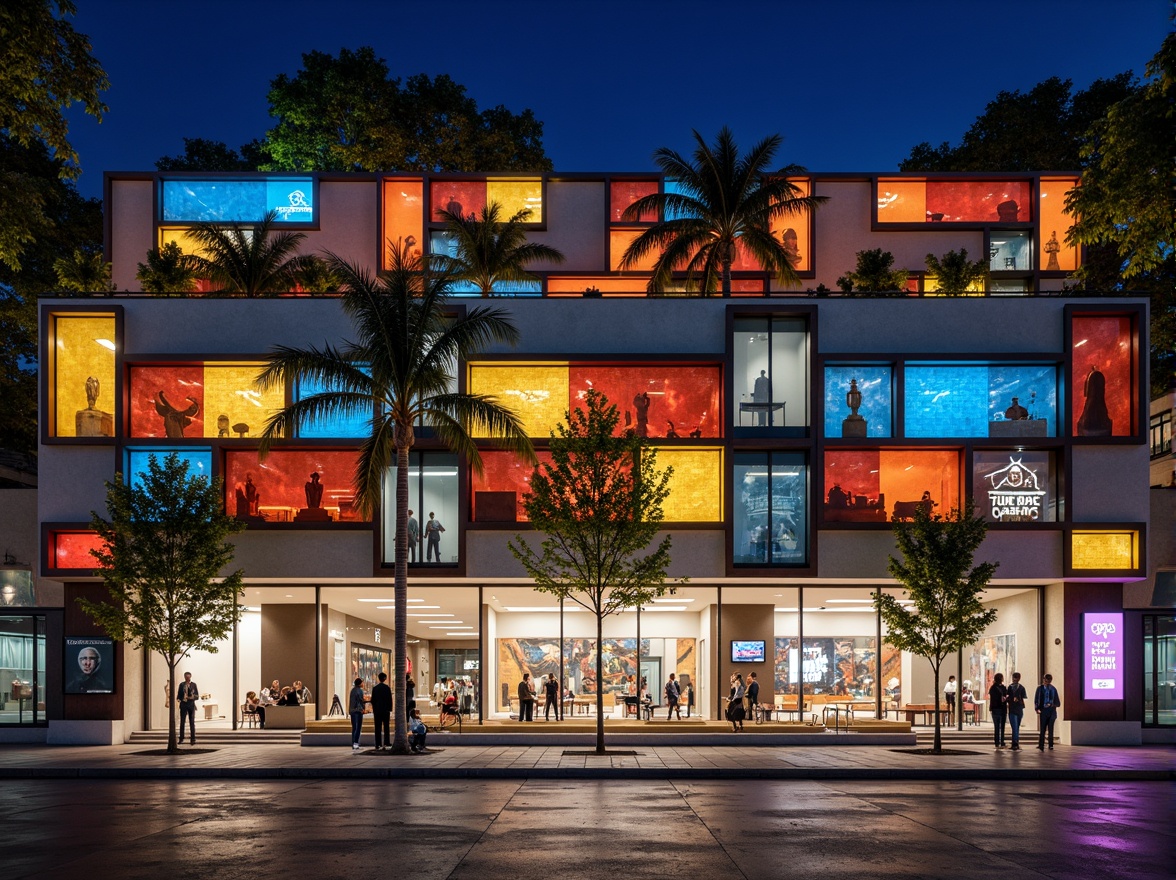 Prompt: Vibrant museum facade, irregular shapes, fragmented forms, bold color blocking, playful deconstructivism, ornate decorations, eclectic mix of materials, rusted steel beams, glass bricks, concrete walls, abstract sculptures, futuristic lighting fixtures, neon signs, dynamic shadows, dramatic nighttime illumination, shallow depth of field, 1/1 composition, symmetrical framing, high-contrast textures, ambient occlusion.