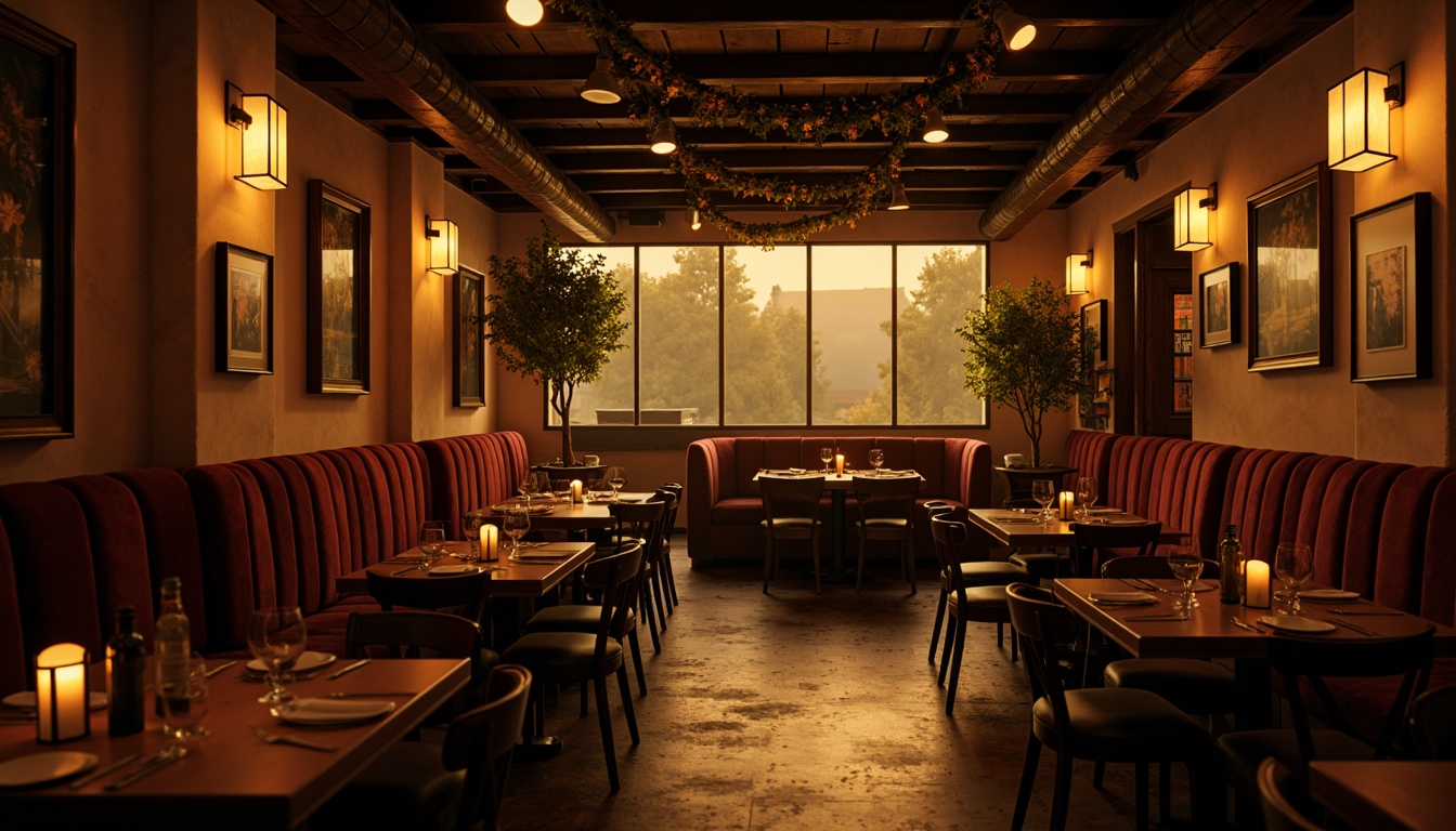 Prompt: Moody restaurant interior, warm golden lighting, soft shadows, dramatic spotlights, rich wood tones, luxurious velvet fabrics, ornate metal fixtures, eclectic art pieces, vintage decorative items, distressed textures, warm color palette, intimate ambiance, low-key illumination, cinematic atmosphere, 1/2 composition, shallow depth of field, realistic reflections, ambient occlusion.