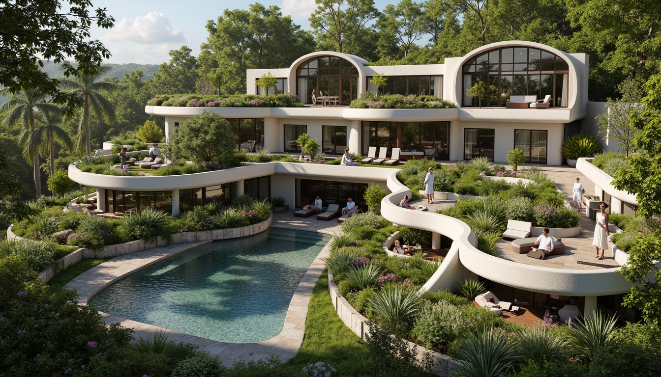 Prompt: Harmonious building integration, lush green roofs, verdant walls, natural stone facades, curved lines, organic shapes, seamless transitions, outdoor living spaces, infinity pools, water features, walking trails, native plant species, bird's eye view, 1/1 composition, soft warm lighting, shallow depth of field, realistic textures, ambient occlusion.