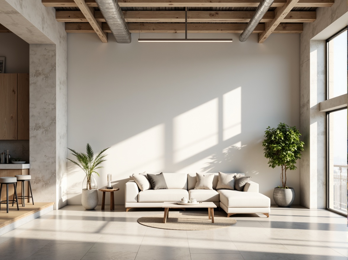 Prompt: Monochromatic minimalism, clean lines, simple shapes, neutral tones, soft whites, creamy beiges, pale grays, industrial materials, concrete walls, steel beams, wooden accents, natural textures, subtle patterns, ambient lighting, soft shadows, 1/1 composition, realistic renderings, atmospheric perspective.