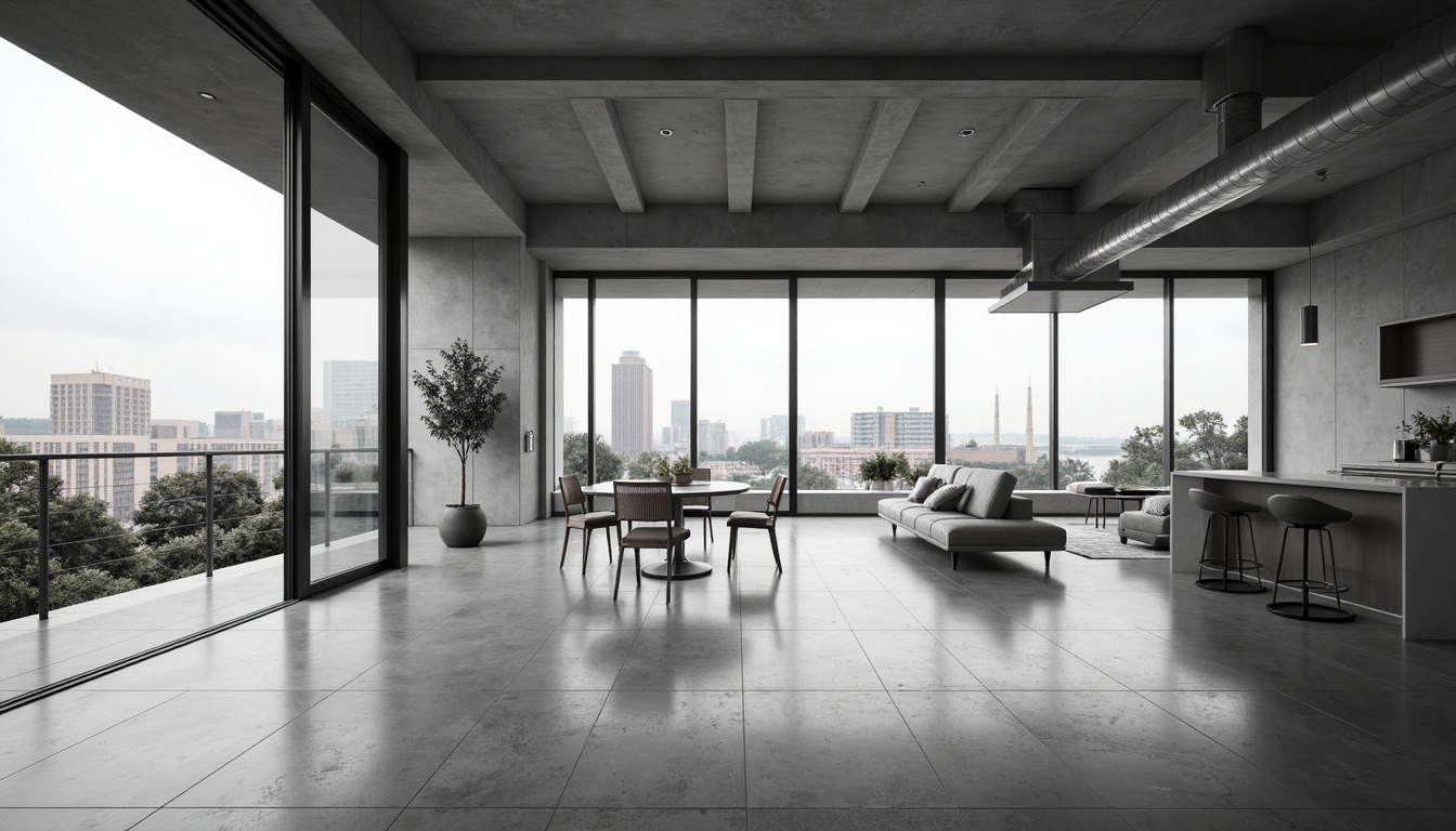 Prompt: Minimalist interior, open-plan living space, sleek lines, monochromatic color scheme, polished concrete floors, floor-to-ceiling windows, sliding glass doors, natural light, airy atmosphere, functional zones, flexible layouts, modular furniture, geometric shapes, industrial materials, exposed ductwork, urban loft aesthetic, modern cityscape views, cloudy day, soft diffused lighting, shallow depth of field, 2/3 composition, realistic textures, ambient occlusion.