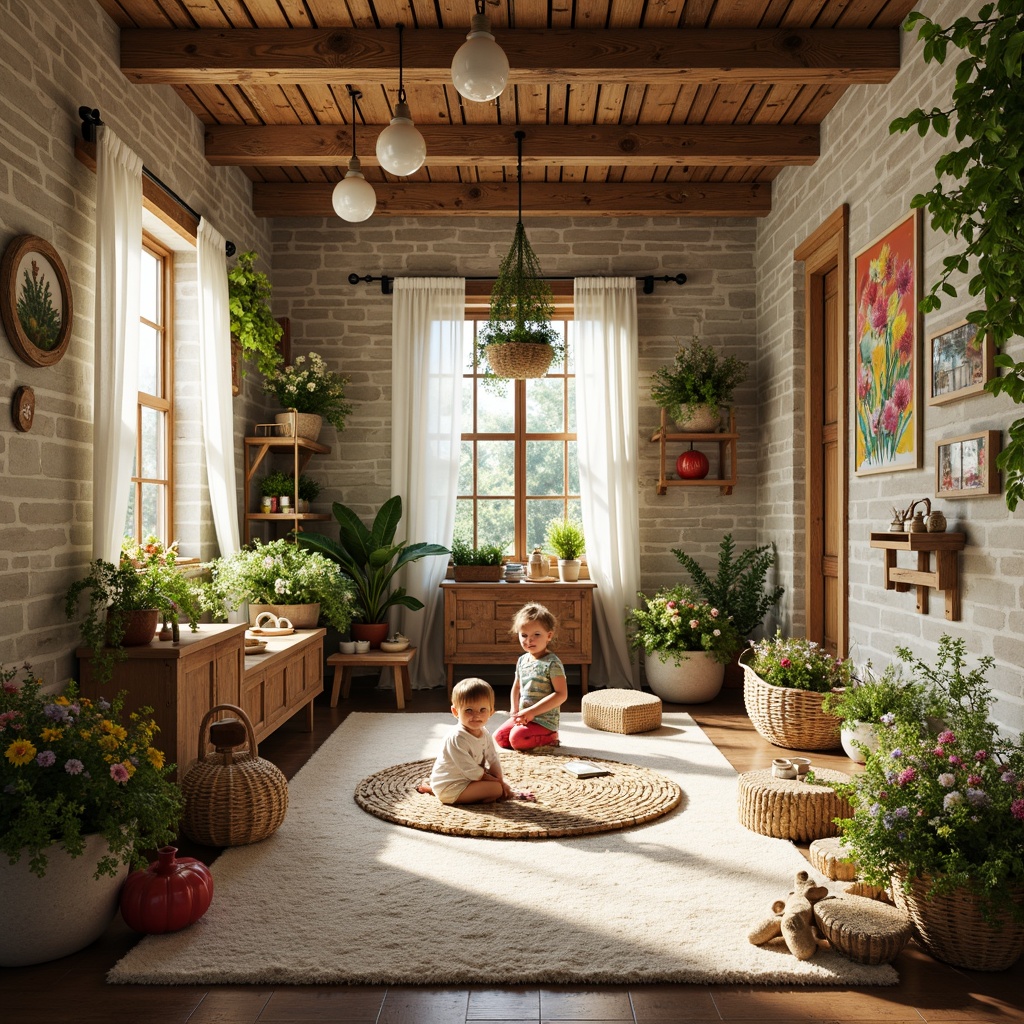 Prompt: Whimsical kindergarten, rustic wooden accents, natural stone walls, earthy color palette, lush greenery, blooming flowers, soft warm lighting, cozy reading nooks, plush carpets, woven baskets, vintage educational toys, distressed wood furniture, floral patterns, watercolor-inspired murals, creamy whites, weathered brick exteriors, curved lines, playful sculptures, nature-inspired artwork, organic shapes, earthy scents, serene atmosphere, shallow depth of field, 1/1 composition, warm color grading.