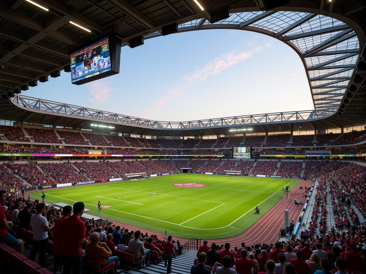 Prompt: Grandstand seating, cantilevered roofs, steel beams, concrete columns, vibrant team colors, dynamic lighting systems, lush green grass, athletic track, scoreboard displays, stadium floodlights, evening atmosphere, warm golden lighting, shallow depth of field, 3/4 composition, panoramic view, realistic textures, ambient occlusion.