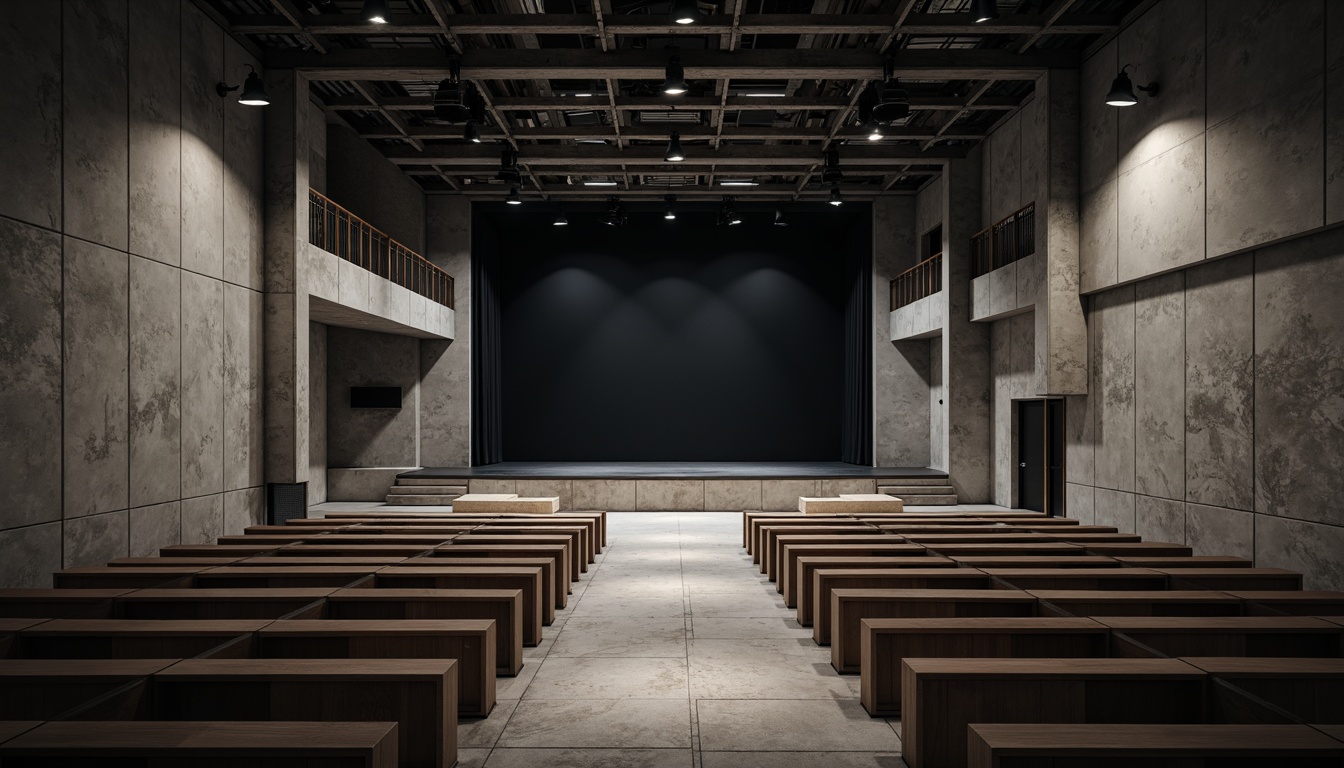 Prompt: Minimalist theater interior, concrete floors, industrial metal beams, exposed ductwork, simple wooden seats, sleek black stage, subtle LED lighting, sparse audience seating, open backstage area, natural stone walls, polished steel railings, monochromatic color scheme, dramatic spotlights, 1/1 composition, high-contrast shadows, realistic textures, ambient occlusion.