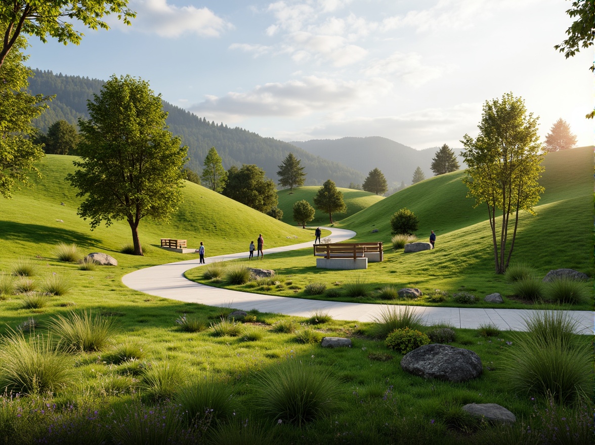 Prompt: Rolling hills, lush green grass, wildflowers, meandering pathways, rustic wooden fences, natural stone benches, serene atmosphere, warm sunlight, soft breeze, shallow depth of field, 3/4 composition, panoramic view, realistic textures, ambient occlusion, gentle slopes, scattered trees, native plant species, eco-friendly maintenance, sustainable irrigation systems, minimalist design, organic shapes, earthy color palette.