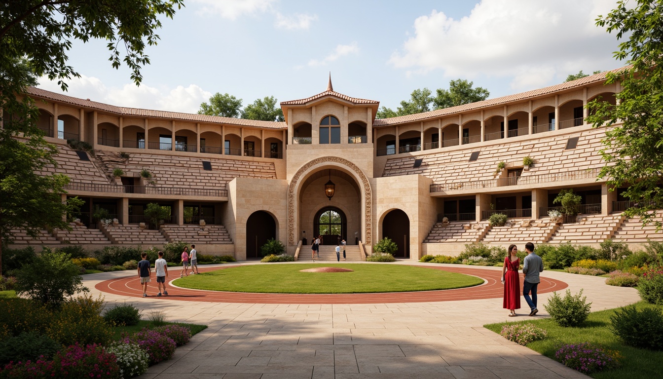 Prompt: Earth-toned football stadium, rustic stone fa\u00e7ade, terracotta roof tiles, arched windows, ornate carvings, grandiose entrance gates, lush greenery, vibrant flowers, natural stone walkways, warm beige seating areas, earthy brown athletic tracks, golden accents, soft warm lighting, shallow depth of field, 3/4 composition, panoramic view, realistic textures, ambient occlusion.