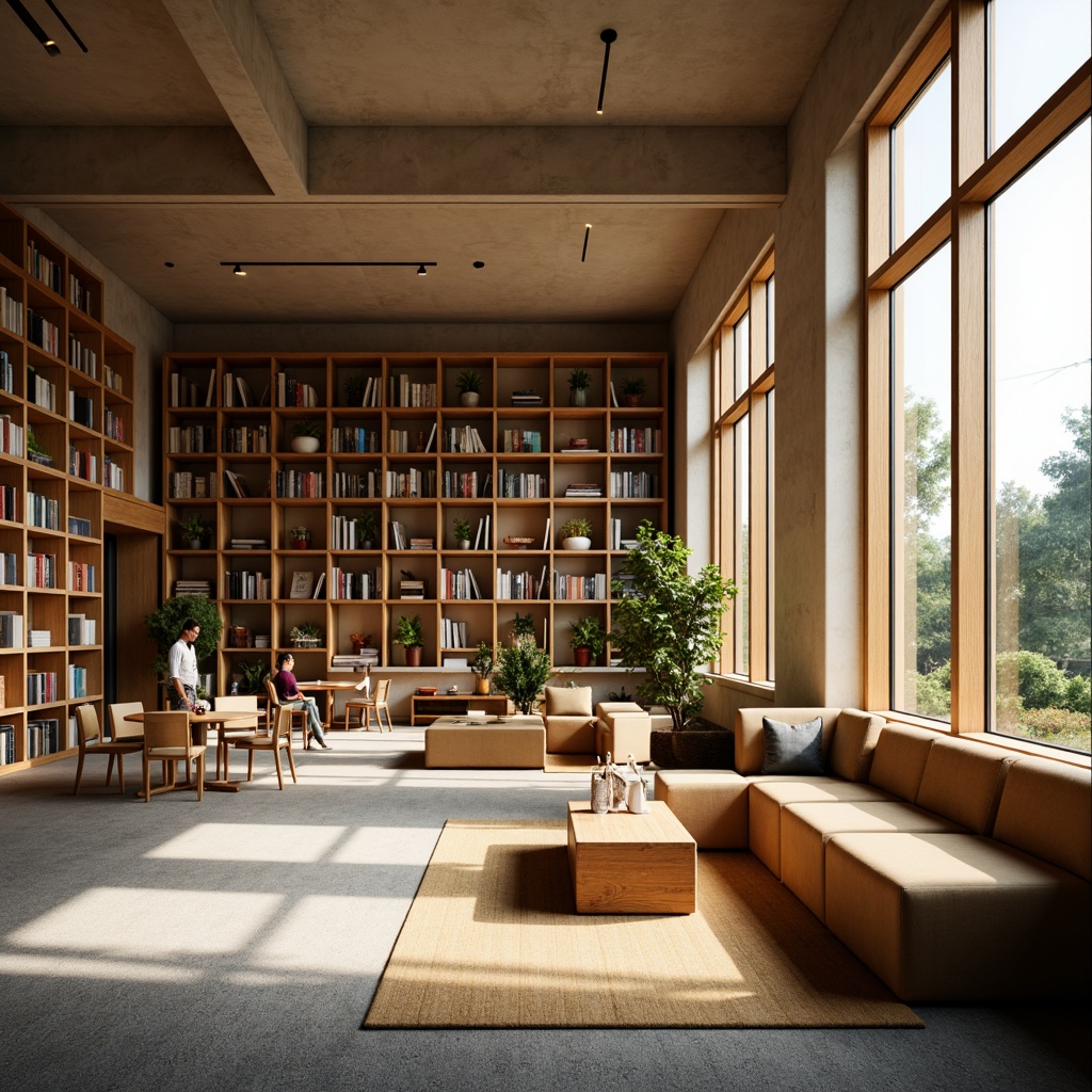 Prompt: Cozy reading nooks, comfortable seating areas, warm wooden shelves, soft carpeting, calming color schemes, natural light pouring in, floor-to-ceiling windows, minimalist decor, modern furniture designs, ergonomic chairs, ample table space, quiet atmosphere, peaceful ambiance, subtle scent of old books, warm lighting fixtures, 1/1 composition, shallow depth of field, realistic textures, ambient occlusion.