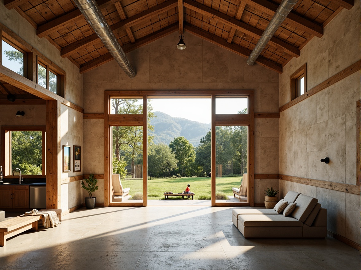 Prompt: Rustic barn, weathered wood, earthy tones, warm beige, soft grays, rich browns, natural textures, reclaimed materials, modern farmhouse, clean lines, minimal ornamentation, large windows, sliding glass doors, open floor plans, industrial lighting fixtures, exposed ductwork, wooden beams, metal accents, rural landscape, rolling hills, green pastures, sunny day, warm soft lighting, shallow depth of field, 3/4 composition, realistic textures, ambient occlusion.