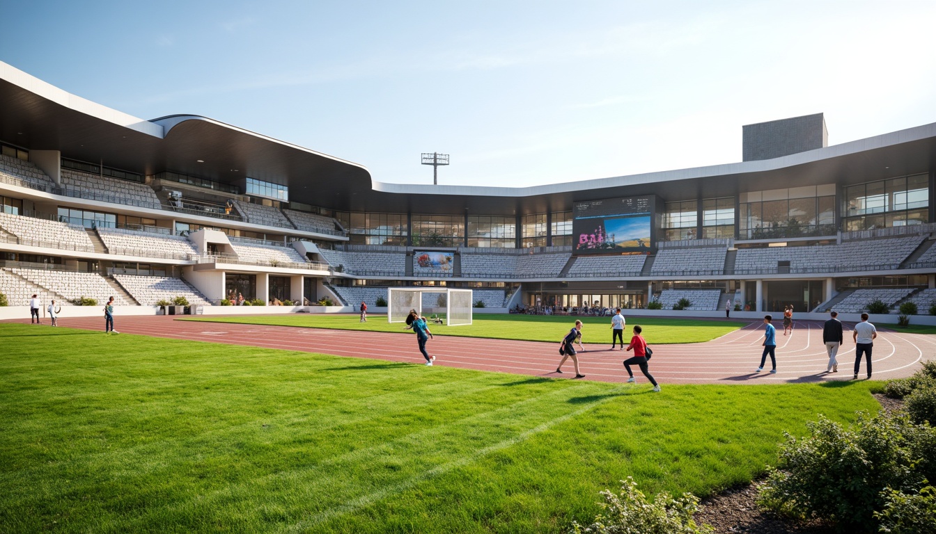 Prompt: Athletic track, lush green grass, vibrant sports equipment, goalposts, scoreboards, spectator stands, modern stadium architecture, sleek metal bleachers, transparent glass railings, dynamic angular lines, functional minimalist design, efficient crowd circulation, accessible entrances, intuitive wayfinding, natural stone pathways, shaded areas, misting systems, warm sunny day, soft diffused lighting, shallow depth of field, 3/4 composition, panoramic view, realistic textures, ambient occlusion.