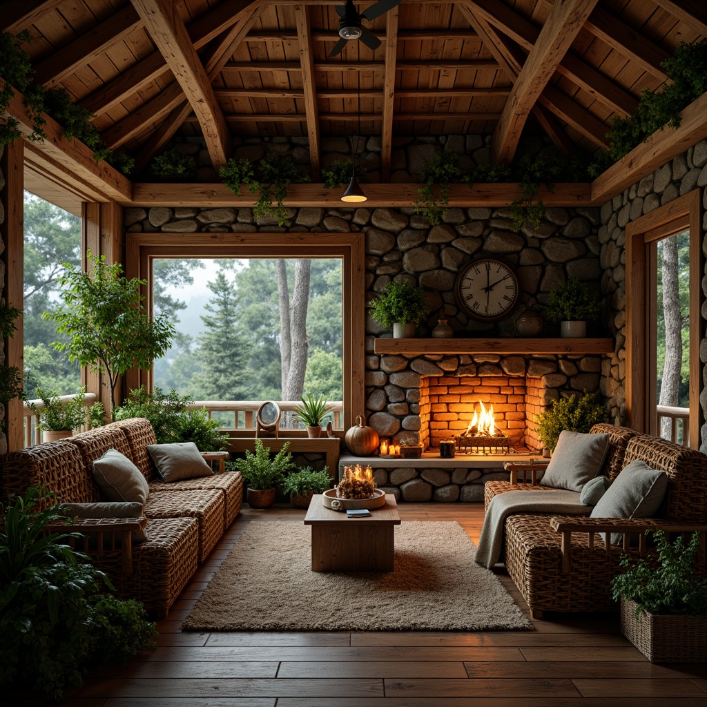 Prompt: Rustic wooden cabin, natural stone walls, earthy tones, reclaimed wood accents, woven wicker furniture, plush greenery, vines crawling up walls, warm candlelight, cozy fireplace, crackling sounds, organic textures, earthy aromas, serene forest surroundings, misty morning atmosphere, soft diffused lighting, 1/1 composition, intimate close-up shots, realistic material rendering.