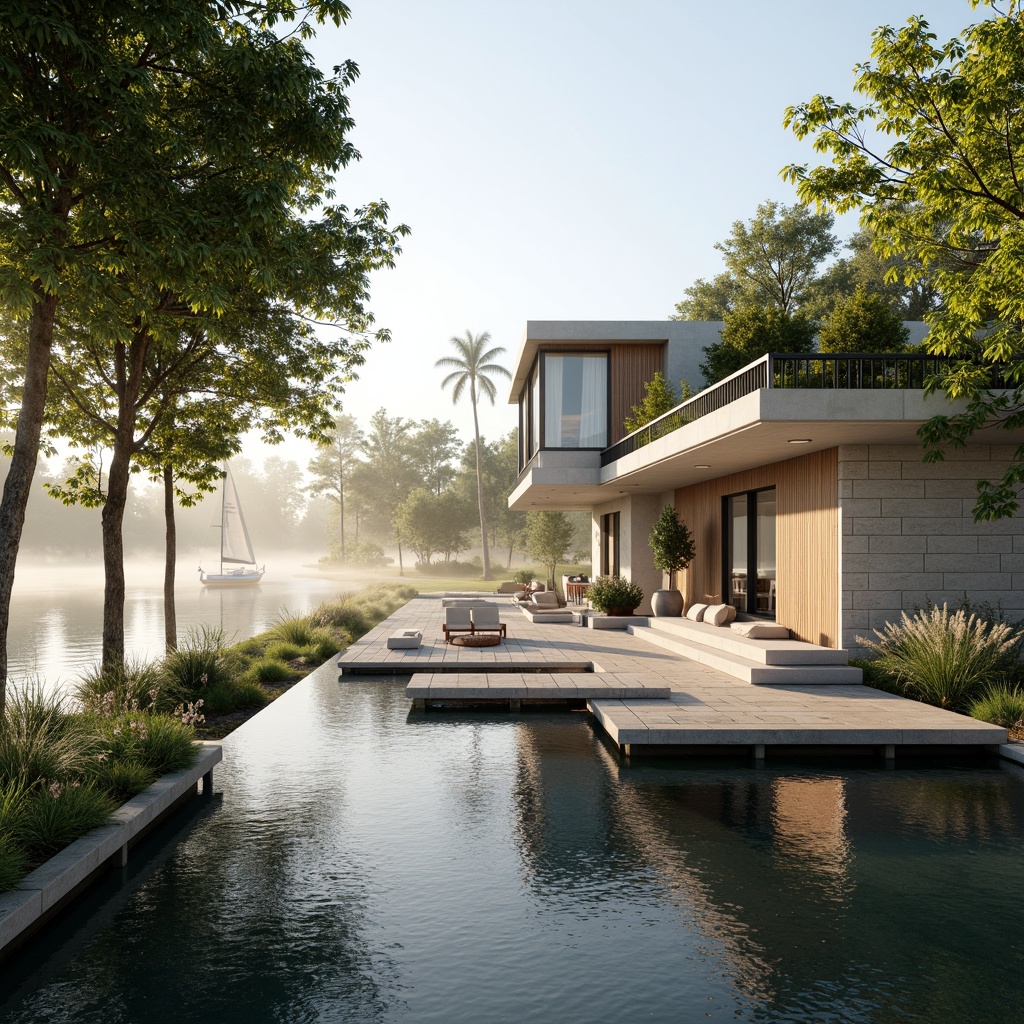 Prompt: Lakefront villa, serene water views, lush greenery, wooden docks, sailboats, calm lake surface, misty morning, warm sunlight, soft natural lighting, shallow depth of field, 1/2 composition, panoramic view, realistic reflections, ambient occlusion, modern minimalist design, large windows, sliding glass doors, natural stone walls, wooden accents, cozy interior spaces, comfortable outdoor seating areas.