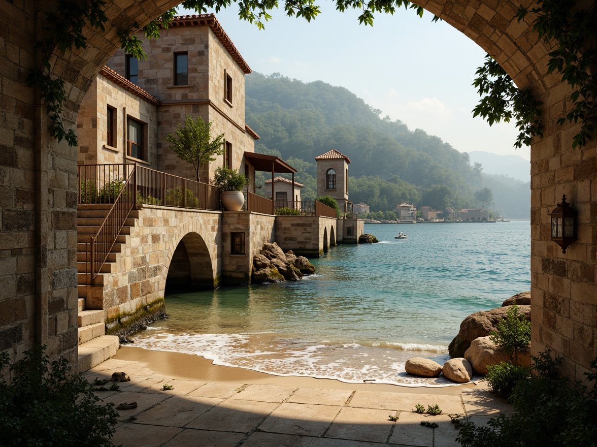 Prompt: Weathered stone bridges, rustic archways, oceanic blue-green waters, sandy shores, driftwood accents, sea-salt air, misty mornings, warm golden lighting, soft focus, atmospheric perspective, 1/2 composition, natural textures, earthy tones, moss-covered stonework, faded red-tiled roofs, distressed wooden railings, ornate iron lanterns, subtle color gradations, serene ambiance.