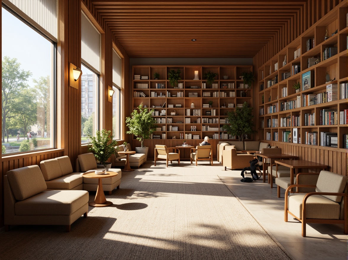 Prompt: Cozy reading nooks, comfortable seating areas, warm wooden shelves, soft carpeting, calming color schemes, natural light pouring in, floor-to-ceiling windows, minimalist decor, modern furniture designs, ergonomic chairs, ample table space, quiet atmosphere, peaceful ambiance, subtle scent of old books, warm lighting fixtures, 1/1 composition, shallow depth of field, realistic textures, ambient occlusion.