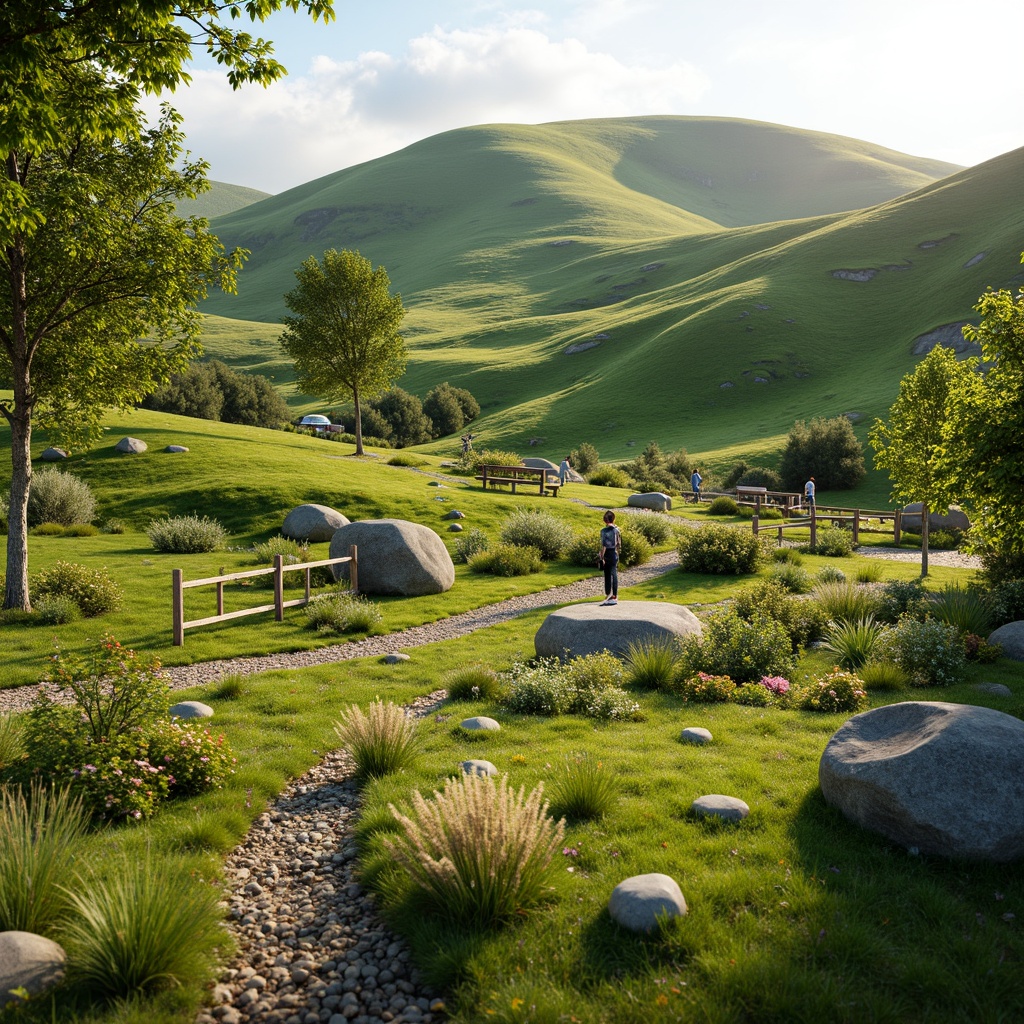 Prompt: Rolling hills, lush green grass, wildflowers, meandering pathways, rustic wooden fences, natural stone benches, serene atmosphere, warm sunlight, soft breeze, gentle slopes, native plant species, organic mulch, decorative boulders, meadow-inspired design, asymmetrical composition, shallow depth of field, 1/2 camera angle, realistic textures, ambient occlusion.