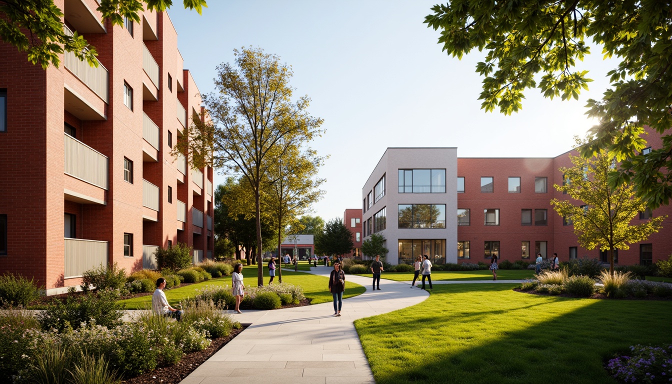 Prompt: Vibrant university campus, harmonious color palette, bold red brick buildings, contrasting white accents, lush green lawns, blooming flowers, natural stone pathways, modern minimalist architecture, sleek glass facades, warm golden lighting, shallow depth of field, 3/4 composition, panoramic view, realistic textures, ambient occlusion.