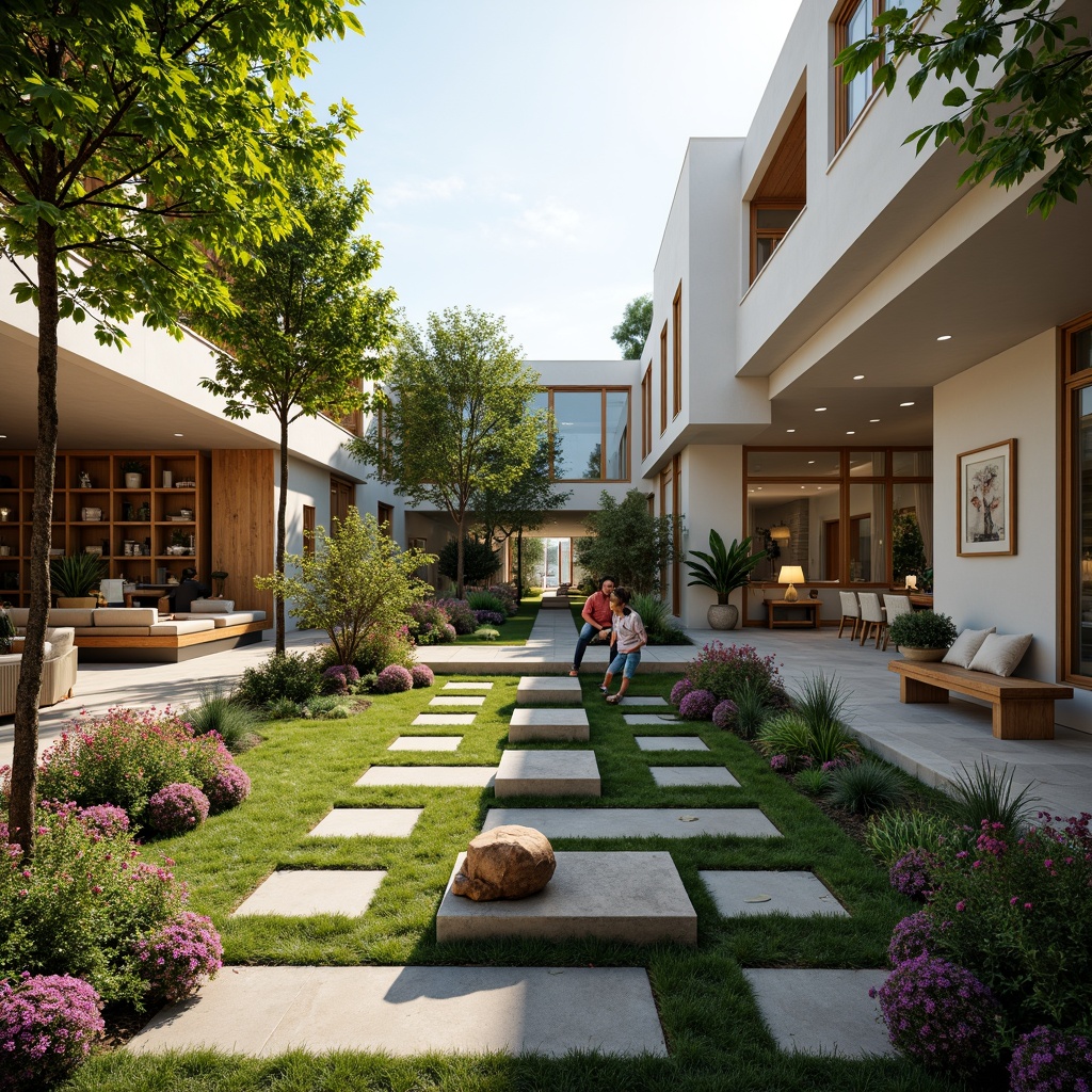 Prompt: Spacious residential courtyard, lush greenery, vibrant flowers, natural stone pathways, wooden benches, modern minimalist architecture, large windows, sliding glass doors, open-plan living areas, high ceilings, airy atmosphere, soft warm lighting, shallow depth of field, 3/4 composition, panoramic view, realistic textures, ambient occlusion, cozy reading nooks, built-in shelving units, floor-to-ceiling bookcases, comfortable seating areas, natural material accents, earthy color palette.