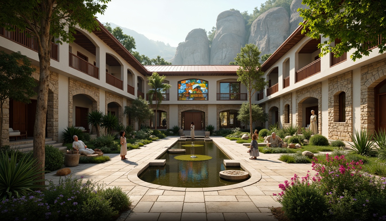 Prompt: Serene monastery courtyard, lush greenery, tranquil water features, ornate stone carvings, intricately designed archways, vibrant stained glass windows, peaceful Buddha statues, natural rock formations, misty mountainous backdrop, warm golden lighting, shallow depth of field, 1/2 composition, panoramic view, realistic textures, ambient occlusion.