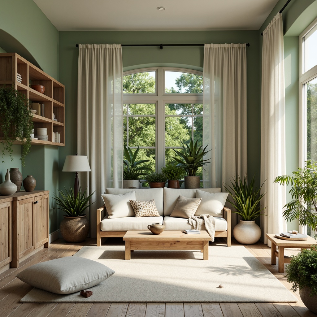 Prompt: Soft celadon hues, creamy whites, warm beige tones, rich wood accents, natural textiles, organic shapes, earthy ceramics, botanical patterns, lush greenery, serene ambiance, soft diffused lighting, shallow depth of field, 1/1 composition, intimate atmosphere, cozy reading nooks, plush furnishings, vintage decorative items, distressed wood finishes, nature-inspired color palette, calming mood, peaceful retreat.