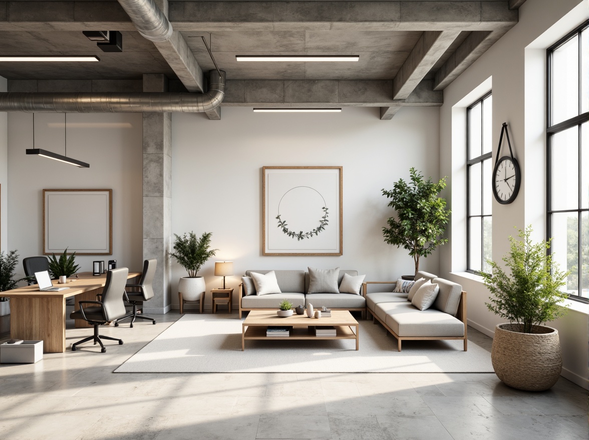 Prompt: Monochromatic office space, neutral color palette, soft creamy whites, calming grays, taupe accents, natural wood tones, sleek metal frames, minimalist decor, sparse greenery, industrial chic lighting, modern Scandinavian furniture, airy open layout, abundant natural light, subtle texture contrasts, 1/1 composition, shallow depth of field, realistic renderings.