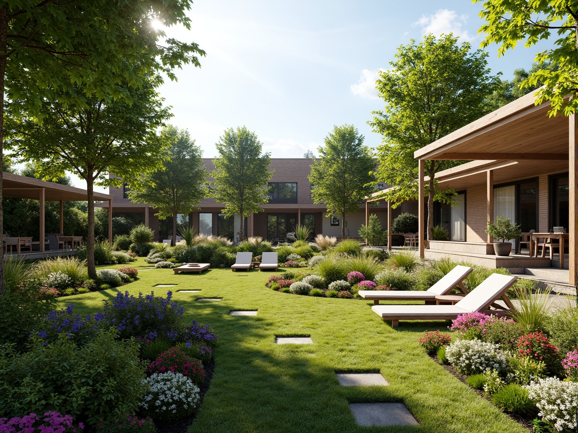 Prompt: Vibrant garden, lush greenery, blooming flowers, meandering pathways, wooden benches, natural stone walls, modern outdoor furniture, cantilevered roofs, floor-to-ceiling windows, sliding glass doors, warm sunny day, soft diffused lighting, shallow depth of field, 3/4 composition, panoramic view, realistic textures, ambient occlusion.