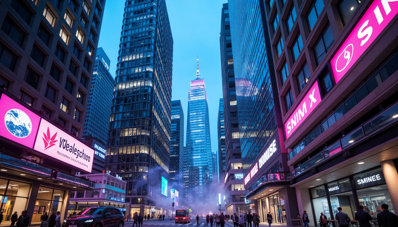 Prompt: Neon-lit skyscrapers, iridescent glass facades, metallic silver accents, holographic advertisements, luminescent LED lights, electric blue hues, vibrant pink neon signs, sleek chrome details, futuristic urban landscapes, cyberpunk cityscapes, towering high-rises, curved architectural lines, geometric patterns, 3D-printed structures, augmented reality interfaces, virtual reality environments, atmospheric misting systems, softbox lighting, shallow depth of field, 1/1 composition, panoramic views, realistic reflections, ambient occlusion.