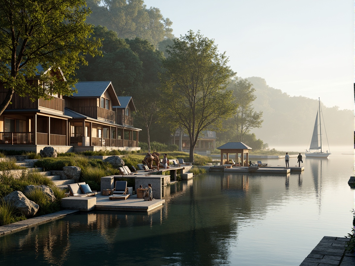 Prompt: \Soothing lakefront architecture, serene water reflections, lush greenery, natural stone walls, wooden docks, sailboats, calm misty mornings, soft warm lighting, shallow depth of field, 3/4 composition, panoramic view, realistic textures, ambient occlusion, earthy tones, blues and greens color palette, weathered wood accents, rustic metal details, cozy cabin-inspired design, nautical elements, driftwood decorations, lake-inspired sculptures.\