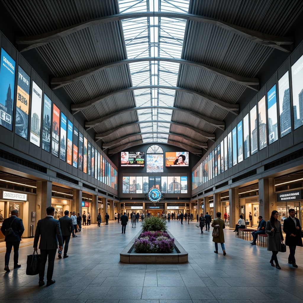 Prompt: Busy train station, modern architecture, grand entrance halls, high ceilings, natural light, sleek metal beams, polished marble floors, vibrant advertisements, electronic departure boards, comfortable waiting areas, convenient retail shops, spacious platforms, efficient passenger flow, clear signage systems, accessible pedestrian routes, urban cityscape views, warm artificial lighting, shallow depth of field, 1/2 composition, realistic textures, ambient occlusion.