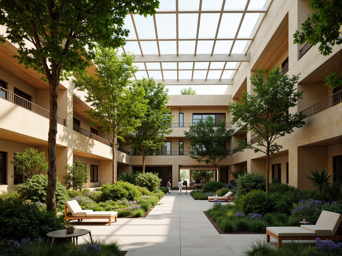 Prompt: Vibrant atrium, lush greenery, natural stone walls, wooden accents, floor-to-ceiling windows, clerestory windows, skylights, open spaces, minimalist decor, warm beige tones, soft diffused lighting, indirect sunlight, ambient shadows, 1/1 composition, shallow depth of field, realistic textures, subtle color palette, serene atmosphere, peaceful ambiance.