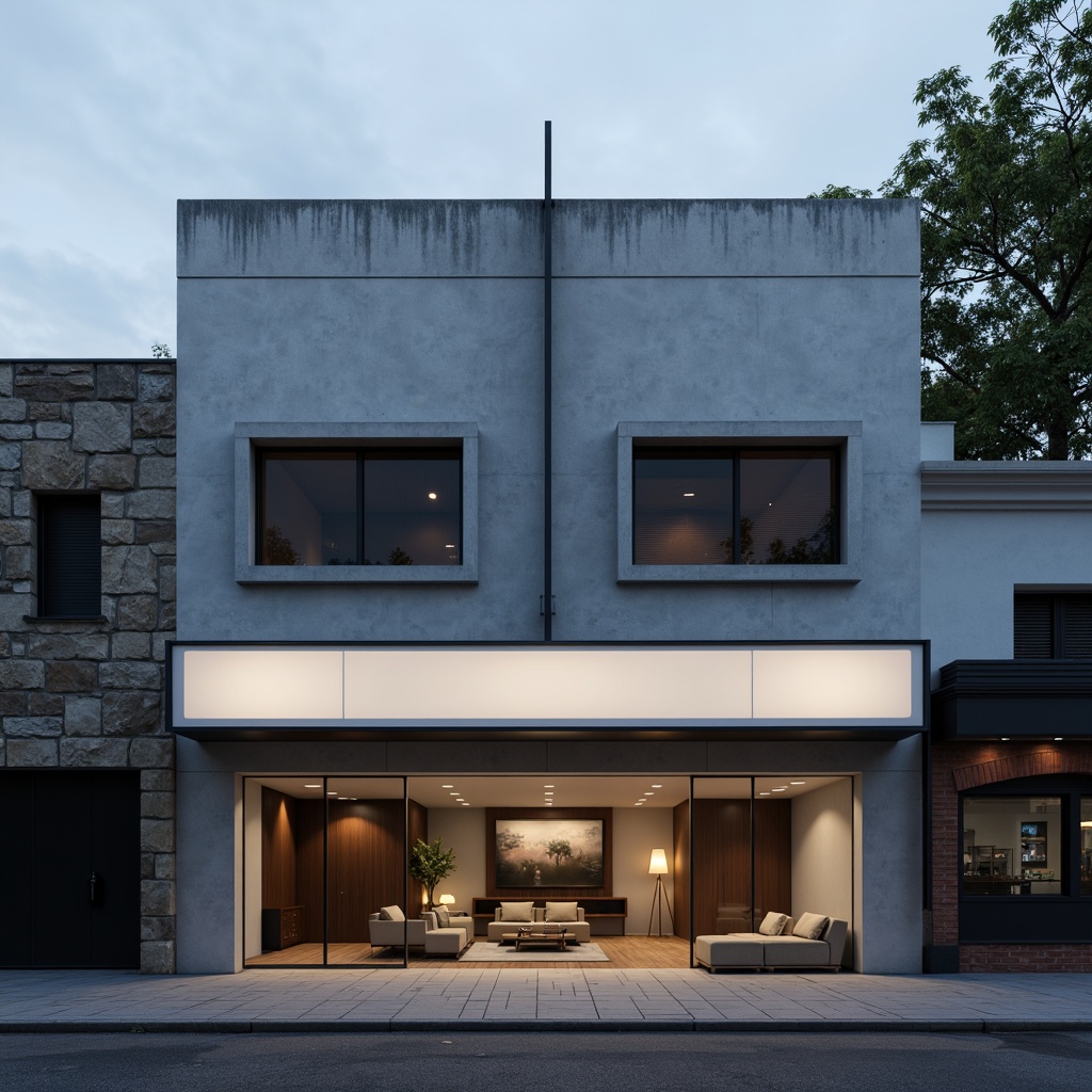 Prompt: Simple theater facade, minimalist architecture, clean lines, monochromatic color scheme, rectangular shapes, flat roofs, large glass windows, sliding doors, industrial materials, exposed concrete walls, subtle lighting, dramatic shadows, urban cityscape, evening atmosphere, soft box lights, 1/1 composition, realistic textures, ambient occlusion.