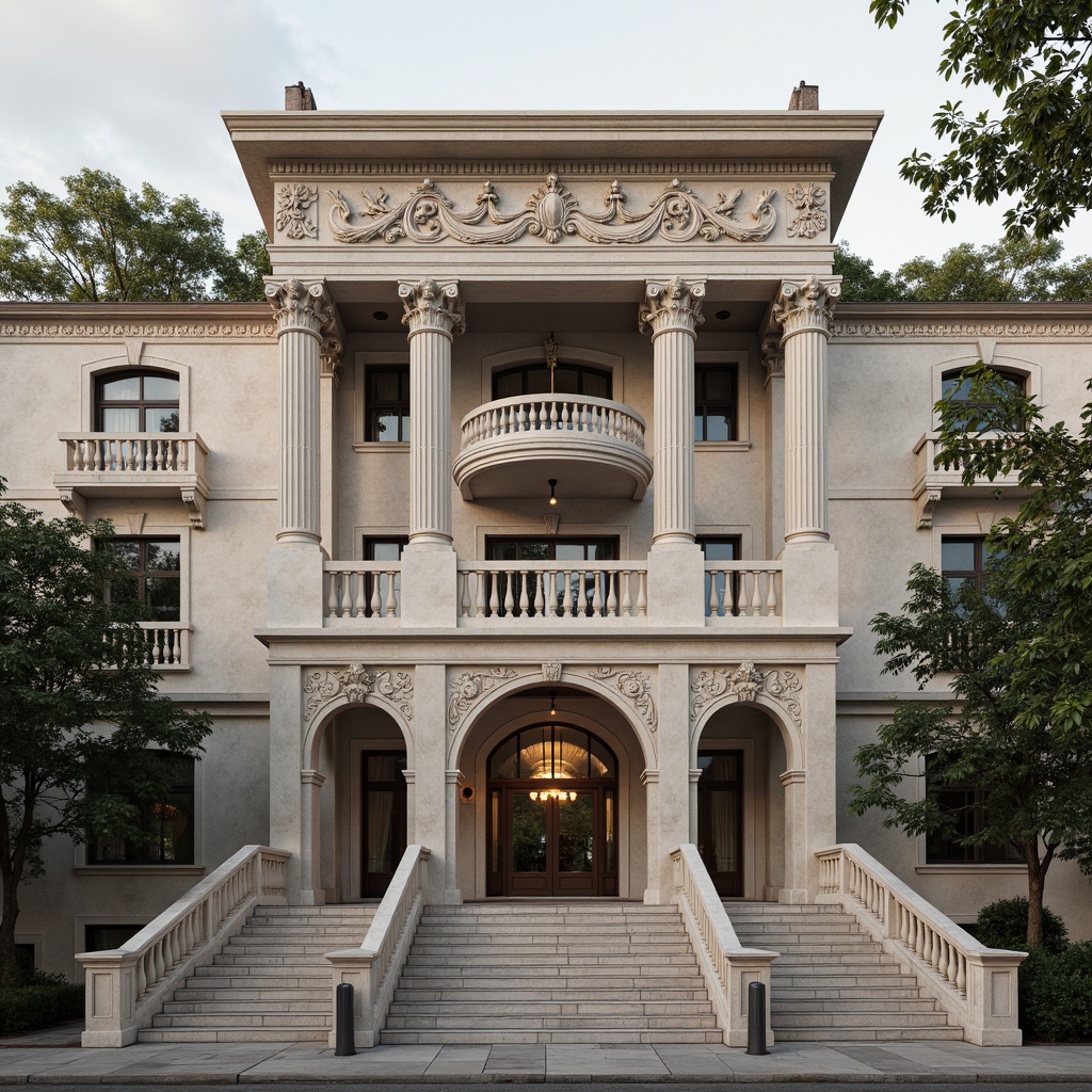 Prompt: Grandiose building facade, ornate columns, intricately carved details, symmetrical composition, classical proportions, limestone or marble materials, subtle color palette, soft natural light, warm afternoon ambiance, shallow depth of field, 2/3 composition, realistic textures, ambient occlusion, ornamental balustrades, decorative friezes, sculpted pediments, grand entranceways, sweeping staircases, elegant archways, refined moldings, luxurious ornamentation.