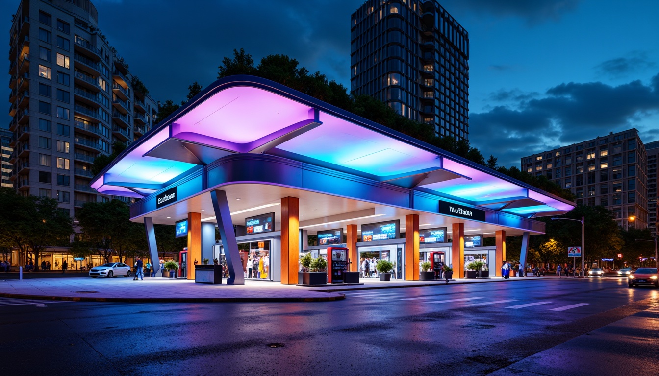 Prompt: Vibrant gas station, futuristic facade design, fusion architecture, curved lines, metallic materials, neon lights, LED signage, modern fuel pumps, sleek canopies, angular columns, cantilevered roofs, urban landscape, busy streets, cityscape background, dramatic nighttime lighting, shallow depth of field, 1/1 composition, realistic reflections, ambient occlusion.