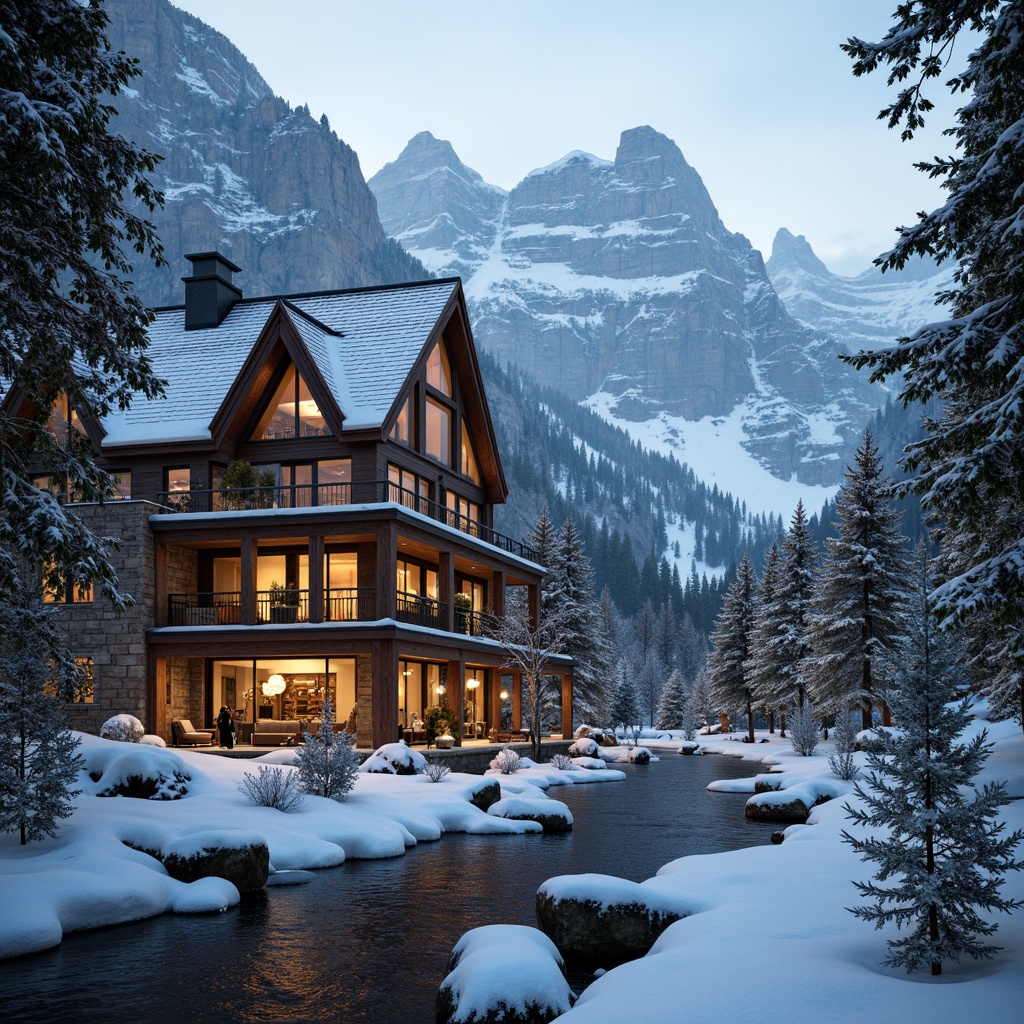 Prompt: Snow-capped mountains, frosty pine trees, icy lakes, rugged stone cliffs, medieval-inspired ski lodges, pointed arches, ribbed vaults, flying buttresses, grand halls, ornate chandeliers, wooden accents, rustic fireplaces, cozy nooks, stained glass windows, intricate carvings, mystical ambiance, warm golden lighting, misty atmosphere, shallow depth of field, 1/2 composition, dramatic shadows, realistic textures, ambient occlusion.