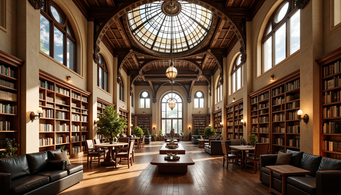 Prompt: Grandiose library, Renaissance Revival style, ornate stone fa\u00e7ade, arched windows, stained glass ceilings, high vaulted roofs, natural light pouring in, warm beige walls, rich wood accents, elegant reading rooms, comfortable seating areas, floor lamps, table lamps, soft warm lighting, shallow depth of field, 3/4 composition, panoramic view, realistic textures, ambient occlusion.