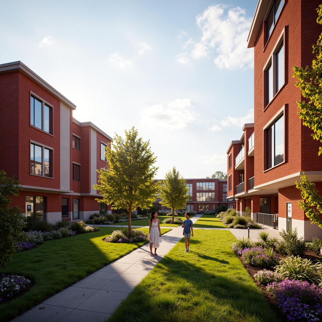 Prompt: Vibrant university campus, harmonious color palette, bold red brick buildings, contrasting white accents, lush green lawns, blooming flowers, natural stone pathways, modern minimalist architecture, sleek glass facades, warm golden lighting, shallow depth of field, 3/4 composition, panoramic view, realistic textures, ambient occlusion.