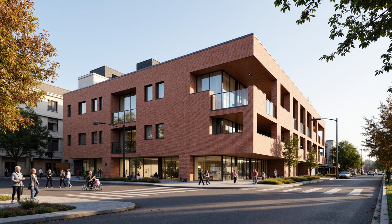 Prompt: Brick community center, structuralist facade, bold geometric patterns, angular lines, minimalist design, large windows, metal frames, cantilevered roofs, open-air courtyard, vibrant public art installations, urban landscape, bustling streetscape, morning sunlight, soft warm lighting, shallow depth of field, 3/4 composition, realistic textures, ambient occlusion.