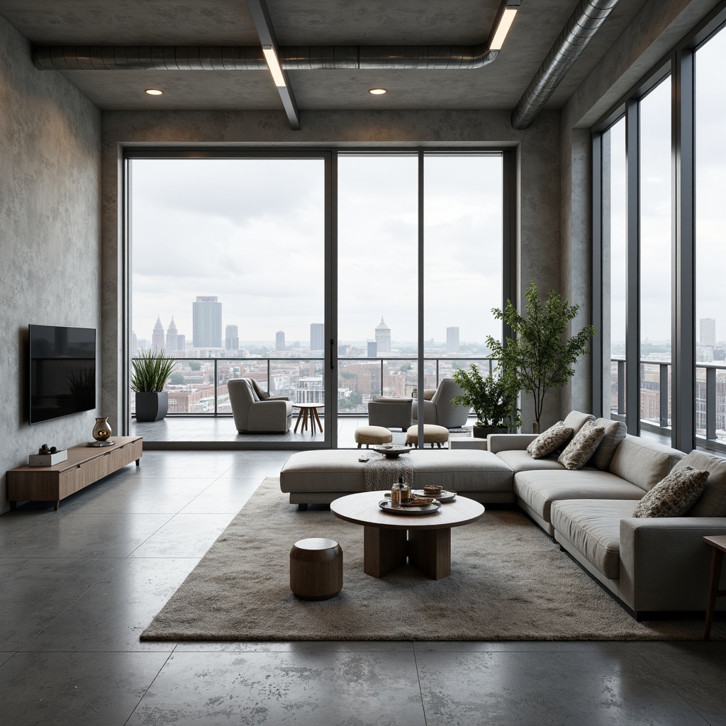 Prompt: Minimalist interior, open-plan living space, sleek lines, monochromatic color scheme, polished concrete floors, floor-to-ceiling windows, sliding glass doors, natural light, airy atmosphere, functional zones, flexible layouts, modular furniture, geometric shapes, industrial materials, exposed ductwork, urban loft aesthetic, modern cityscape views, cloudy day, soft diffused lighting, shallow depth of field, 2/3 composition, realistic textures, ambient occlusion.