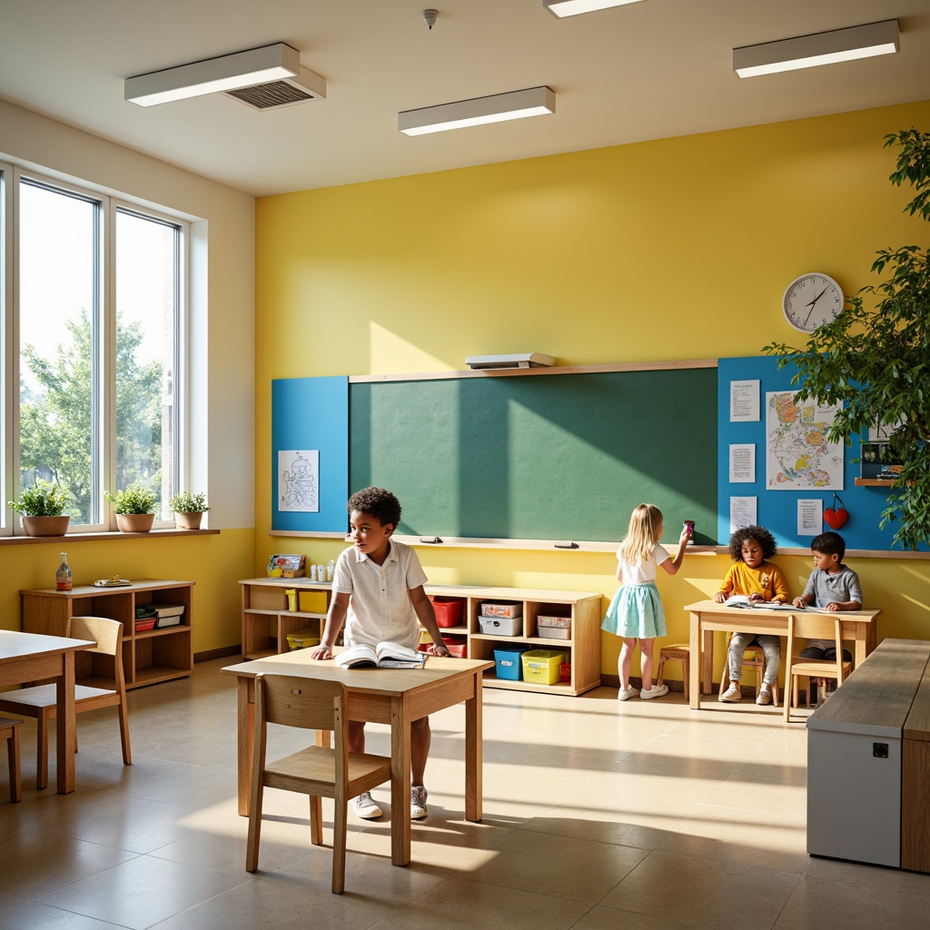 Prompt: Vibrant elementary school, playful kindergarten, bright yellow walls, sky blue accents, green chalkboard, wooden desks, colorful lockers, educational posters, natural light, open classrooms, modern furniture, ergonomic chairs, collaborative learning spaces, interactive whiteboards, stimulating color scheme, warm beige floors, soft pastel shades, calming atmosphere, shallow depth of field, 1/1 composition, realistic textures, ambient occlusion.