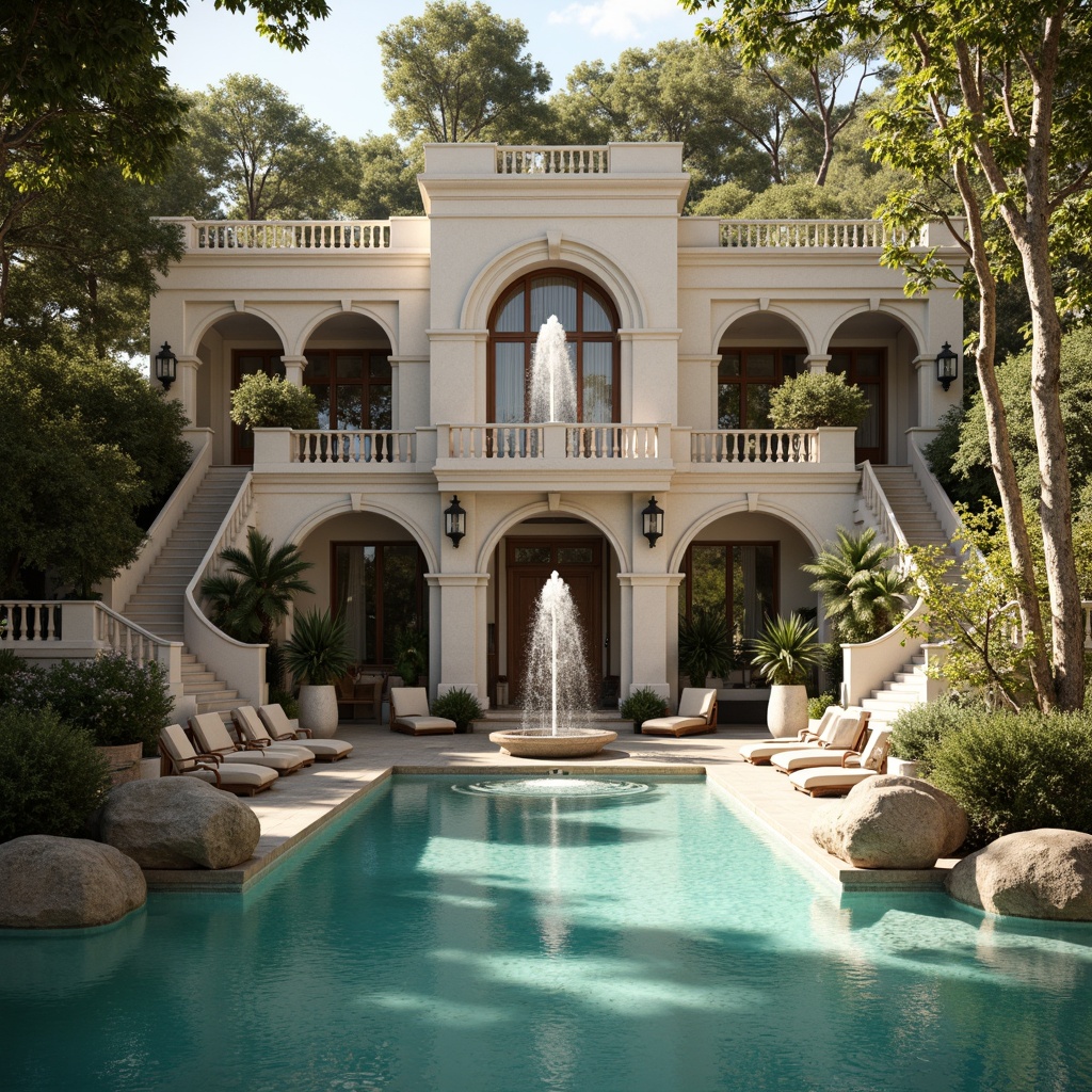 Prompt: Grandiose swimming pool, ornate fountains, majestic waterfalls, symmetrical staircases, elegant balustrades, refined stone carvings, classical columns, arched windows, soft turquoise water, lush greenery surroundings, natural rock formations, subtle misting systems, warm golden lighting, shallow depth of field, 1/2 composition, realistic textures, ambient occlusion.