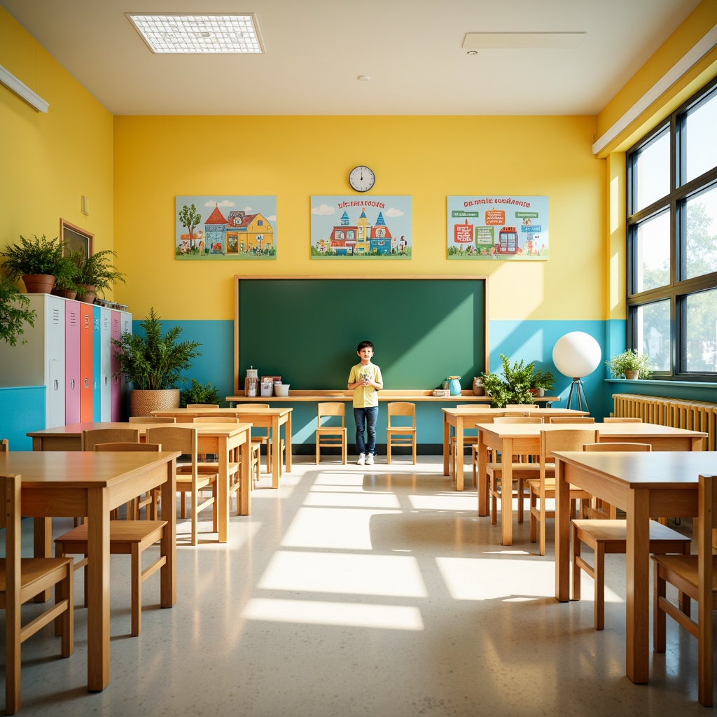 Prompt: Vibrant elementary school, playful kindergarten, bright yellow walls, sky blue accents, green chalkboard, wooden desks, colorful lockers, educational posters, natural light, open classrooms, modern furniture, ergonomic chairs, collaborative learning spaces, interactive whiteboards, stimulating color scheme, warm beige floors, soft pastel shades, calming atmosphere, shallow depth of field, 1/1 composition, realistic textures, ambient occlusion.