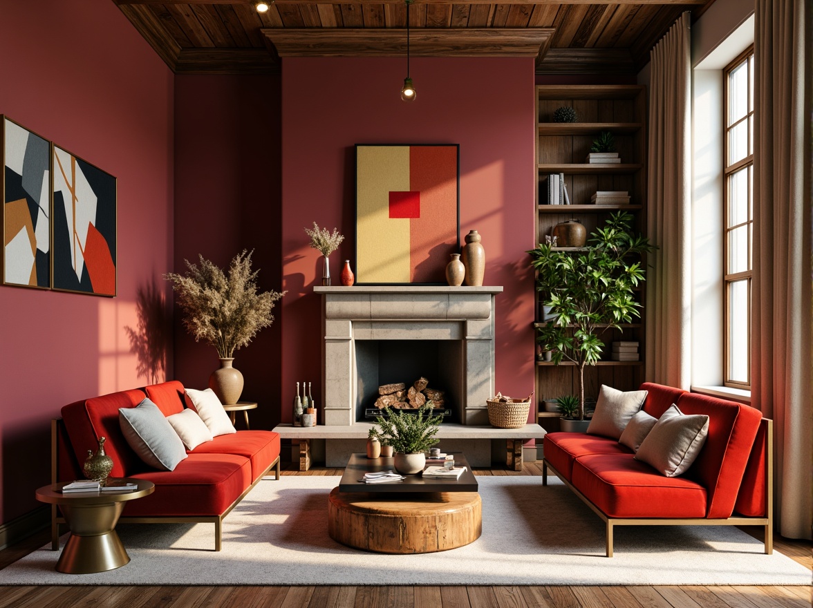 Prompt: Vibrant living room, bold accent walls, rich wood furniture, plush velvet sofas, metallic gold lighting fixtures, soft cream-colored carpets, natural stone fireplaces, earthy terracotta vases, warm beige curtains, eclectic artwork, abstract geometric patterns, moody atmospheric colors, dramatic shadows, 1/2 composition, cinematic lighting, realistic textures, ambient occlusion.