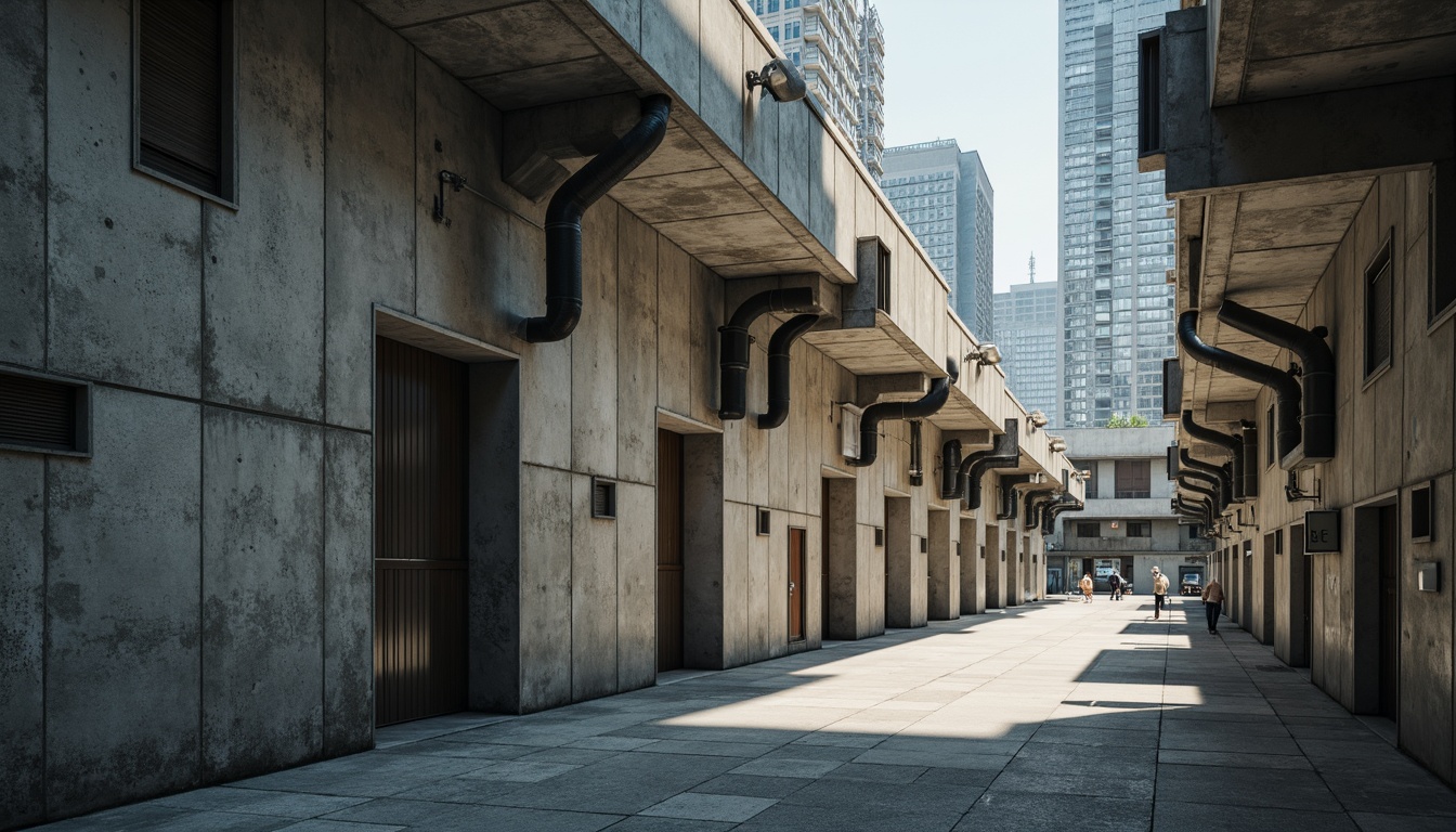 Prompt: Raw concrete walls, exposed ductwork, industrial pipes, brutalist fa\u00e7ades, fortress-like structures, geometric shapes, angular lines, rugged textures, monumental scale, urban landscapes, city skylines, dramatic lighting, high-contrast shadows, bold architectural forms, functional minimalism, raw materiality, brutal honesty, 3/4 composition, low-angle shot, cinematic atmosphere, gritty realism.