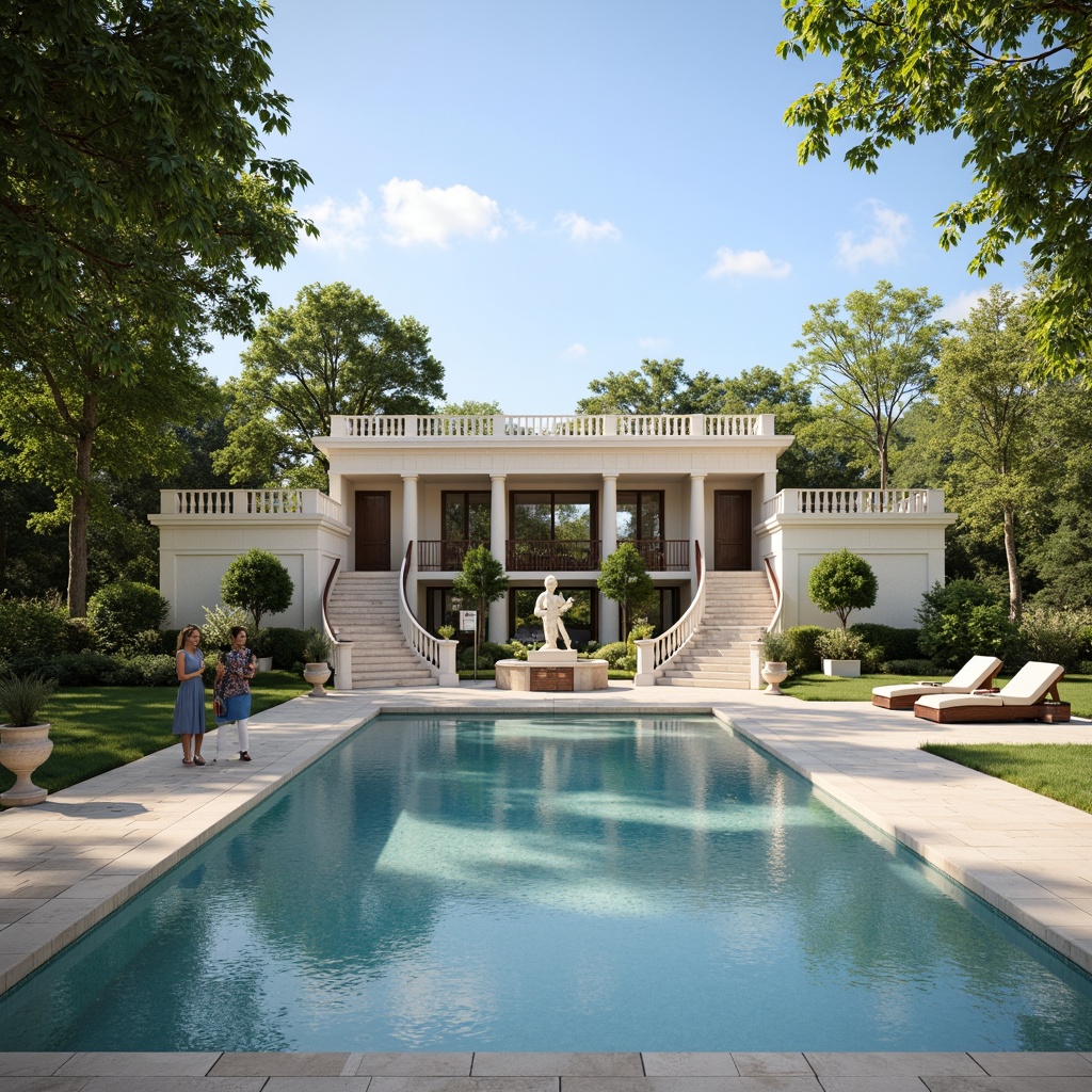 Prompt: Elegant neoclassical swimming pool, symmetrical layout, ornate fountains, grand staircases, limestone coping, travertine decking, manicured lawns, topiary trees, classical statues, urns, balustrades, curved benches, soft warm lighting, shallow depth of field, 1/1 composition, realistic textures, ambient occlusion, serene atmosphere, sunny day, clear blue sky.