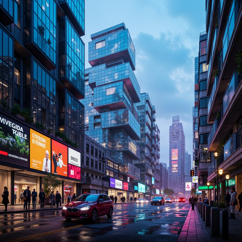 Prompt: Neon-lit skyscrapers, metallic silver accents, iridescent glass facades, holographic advertisements, cyberpunk cityscape, vibrant electric blue hues, neon green highlights, deep purple tones, rose gold details, sleek chrome lines, geometric patterns, futuristic urban landscape, high-tech infrastructure, levitating transportation pods, atmospheric mist, soft glowing ambiance, shallow depth of field, 1/1 composition, cinematic lighting, realistic reflections.