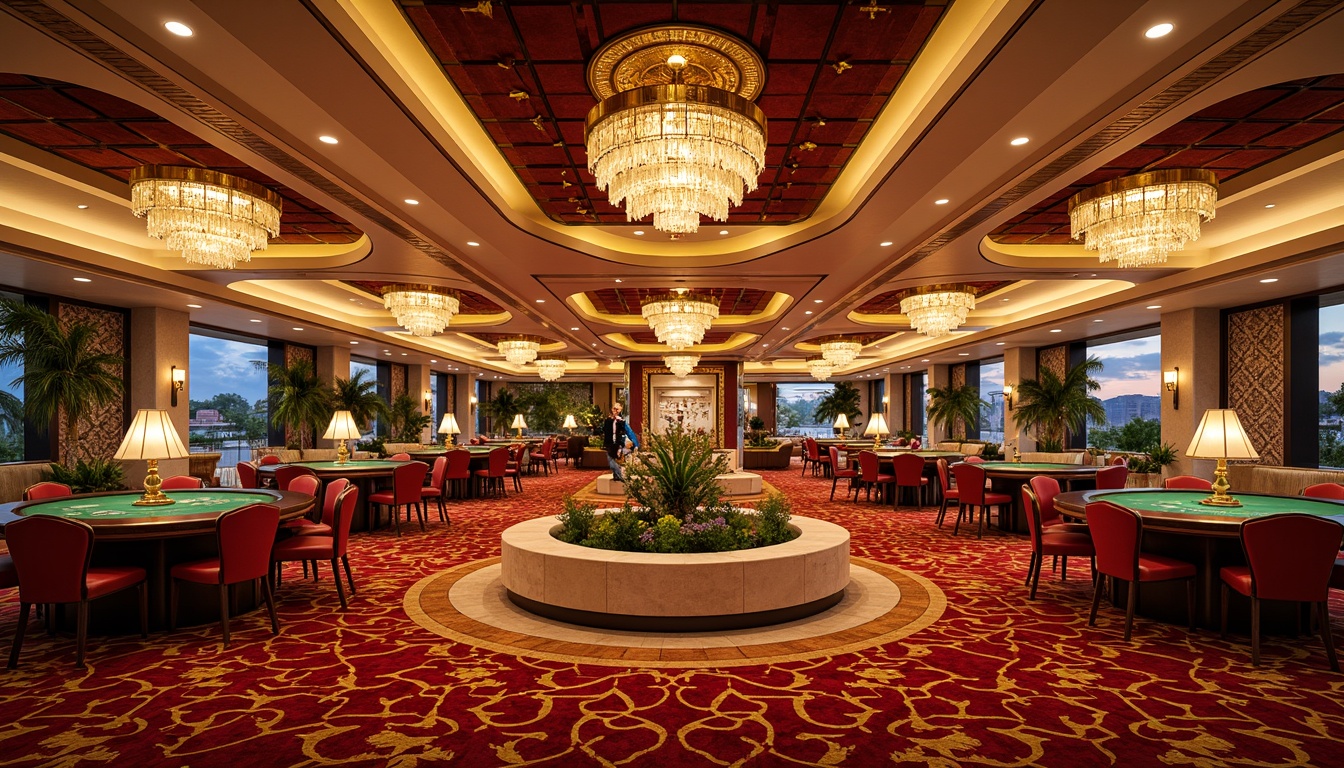 Prompt: Vibrant casino interior, luxurious textiles, bold geometric patterns, rich velvet fabrics, metallic accents, ornate chandeliers, grand staircases, lavish furnishings, opulent decorations, warm golden lighting, dramatic spotlights, shallow depth of field, 1/1 composition, realistic textures, ambient occlusion, regionalist architectural style, curved lines, ornate details, Mediterranean-inspired design, sun-kissed exterior, palm trees, warm desert landscape.