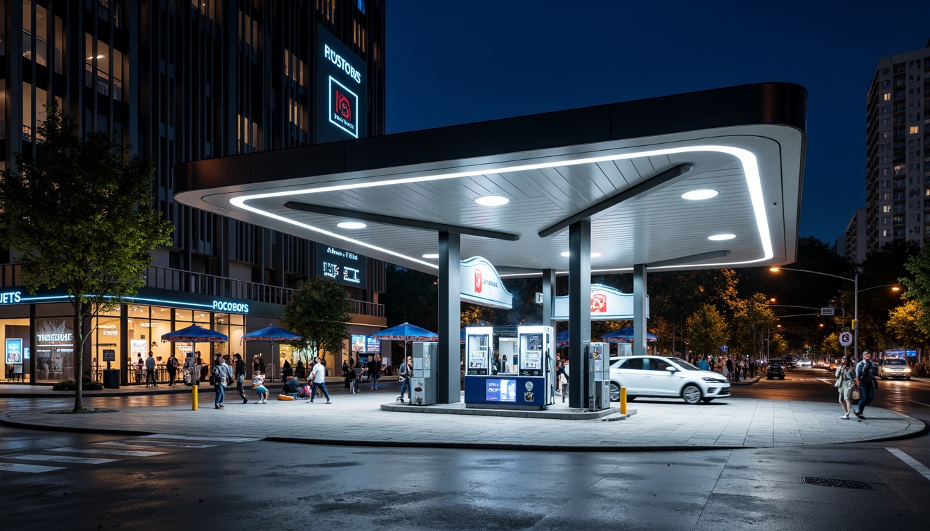 Prompt: Modern gas station, futuristic fusion architecture, sleek metal canopy, LED lighting, angular lines, minimalist design, functional layout, efficient fueling systems, self-service kiosks, digital displays, concrete flooring, industrial-style decor, urban cityscape, busy streets, vibrant neon signs, night scene, shallow depth of field, 1/1 composition, realistic textures, ambient occlusion.